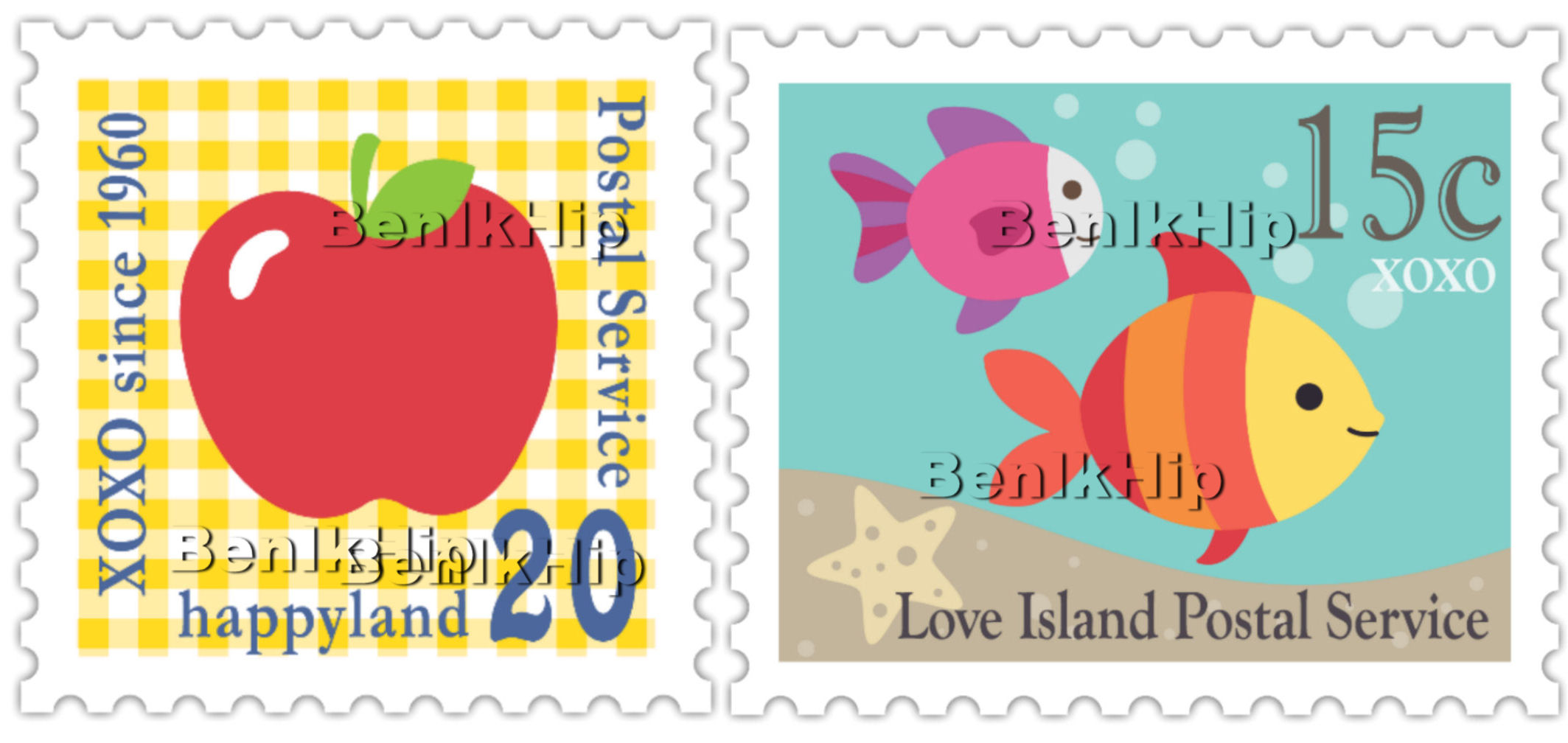 Strijkapplicatie Postzegels appel & vis